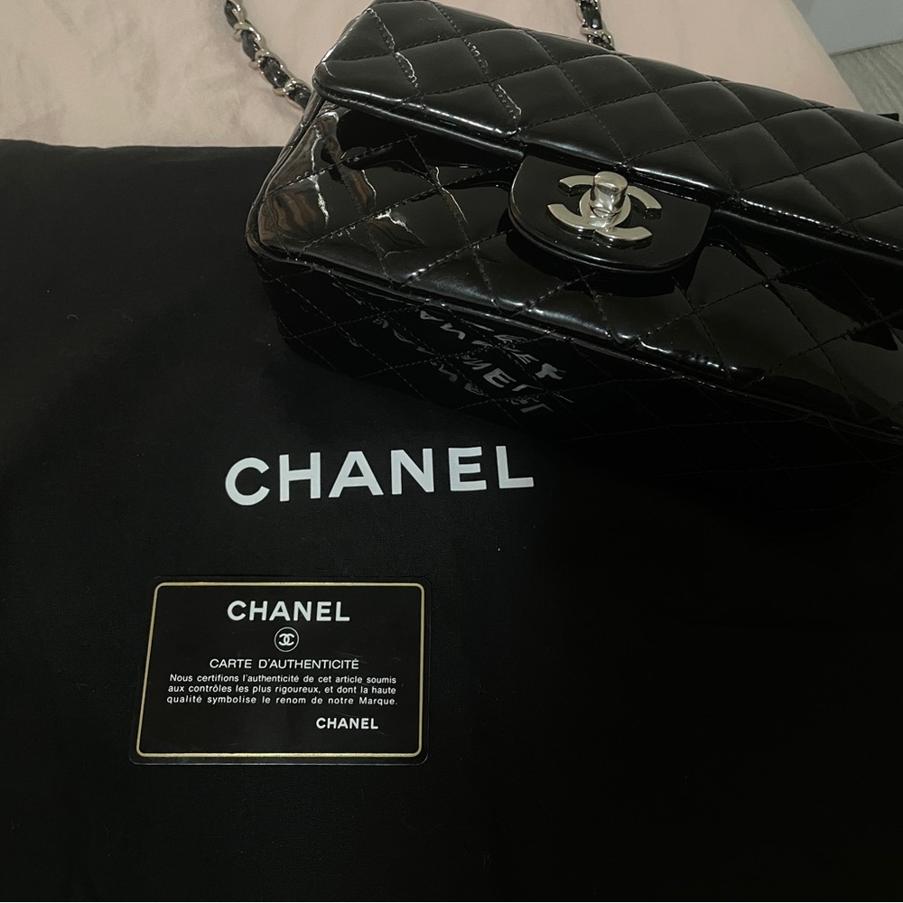 Chanel cf mini rectangle flap bag patent black
